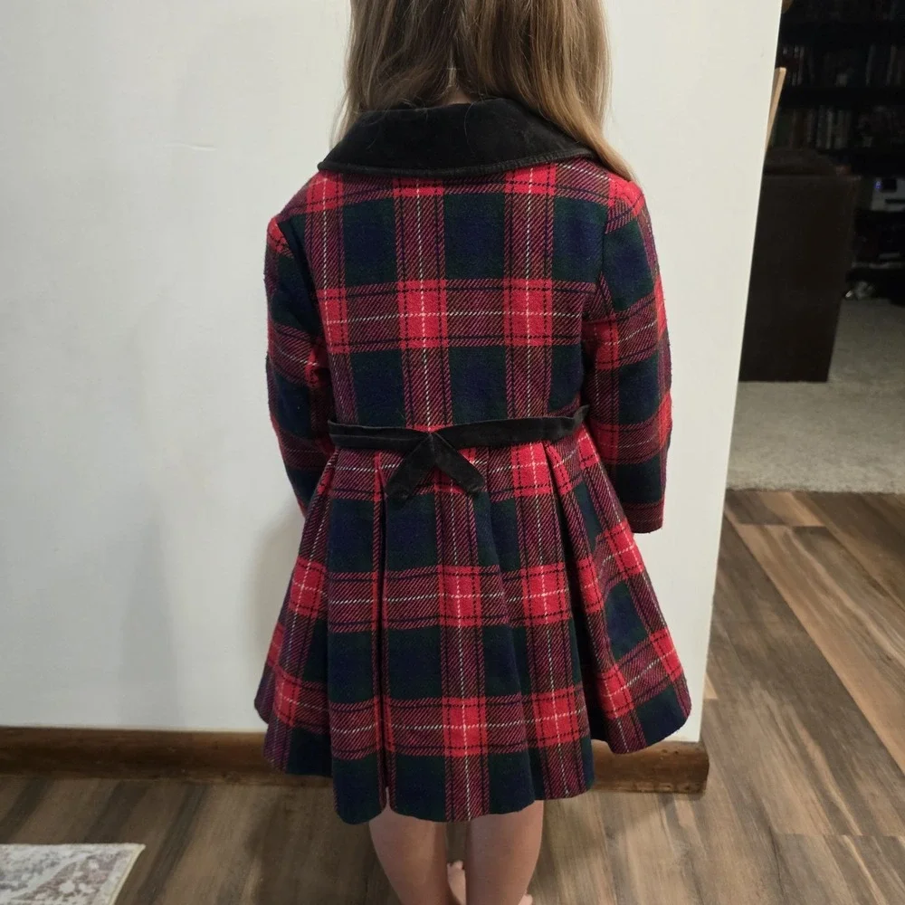 Rothschild Of Philadelphia Vintage Girls Coat Red Black Wool Plaid Velvet Trim 4